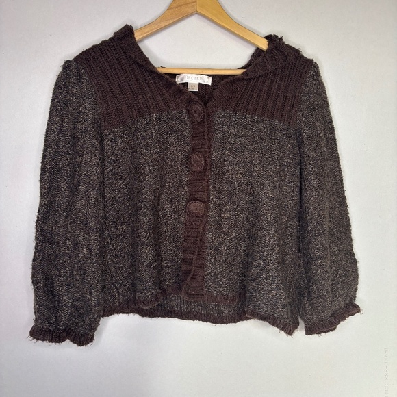 Decree Women’s Brown Cropped Hooded Button Up Knit Sweater Size Large - Picture 1 of 5